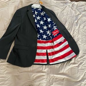 Shinesty American flag inlay charcoal grey suit.  Jacket is 40R pants 33x33